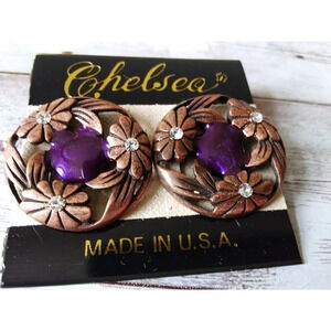 NWT Vintage 1980s Purple Wreath Earrings with Rhinestone Accents
